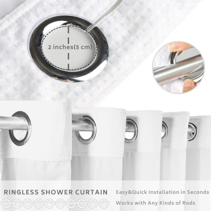 Ecoehoe 71x86 White Waffle Weave Fabric No Hooks Shower Curtain with Removable Polyeste Liner - Heavy Duty Bath Curtain with See Through Top Machine Washable - Image 2